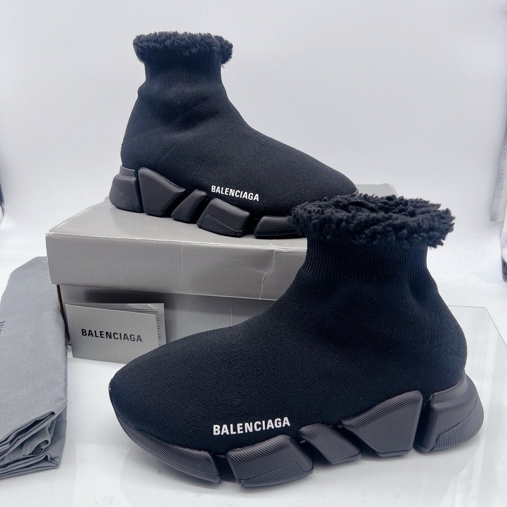 BALENCIAGA Speed 2.0 Faux Fur Women's Knit Sock Sneakers Boots Black US 8